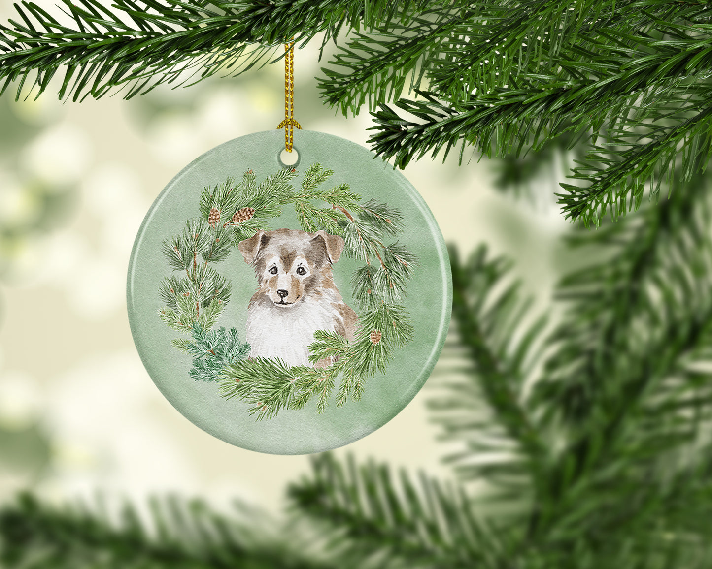 Sheltie/Shetland Sheepdog Puppy Sable Smile Christmas Wreath Ceramic Ornament