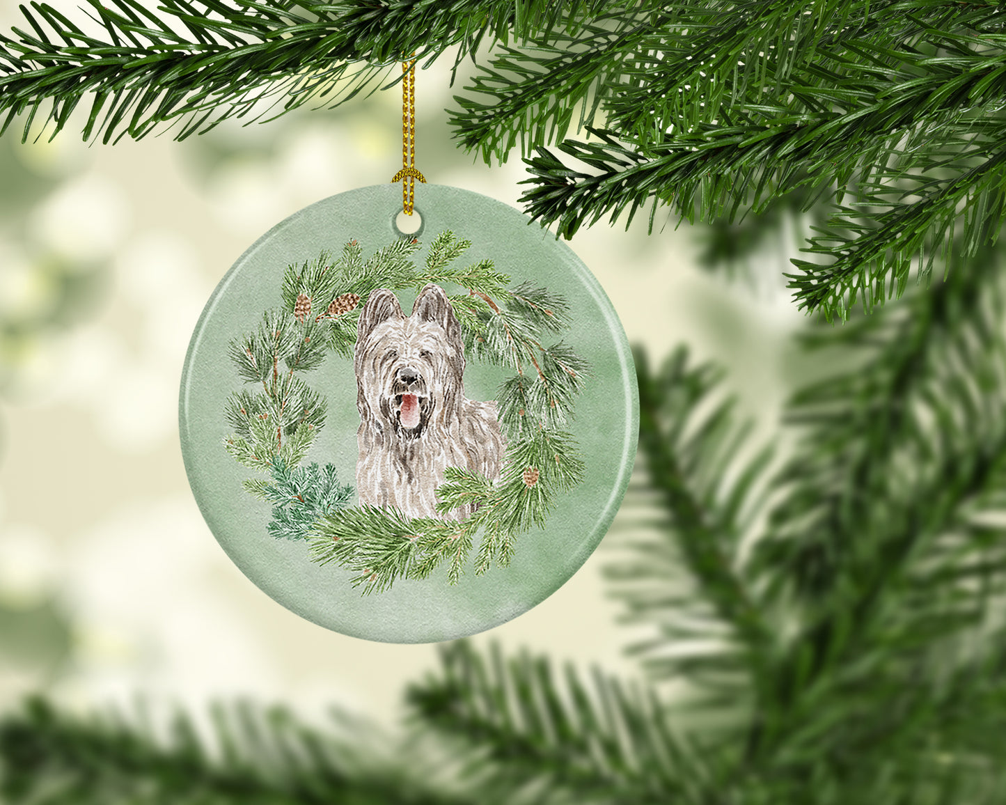 Briard Smiling Ears Up Christmas Wreath Ceramic Ornament