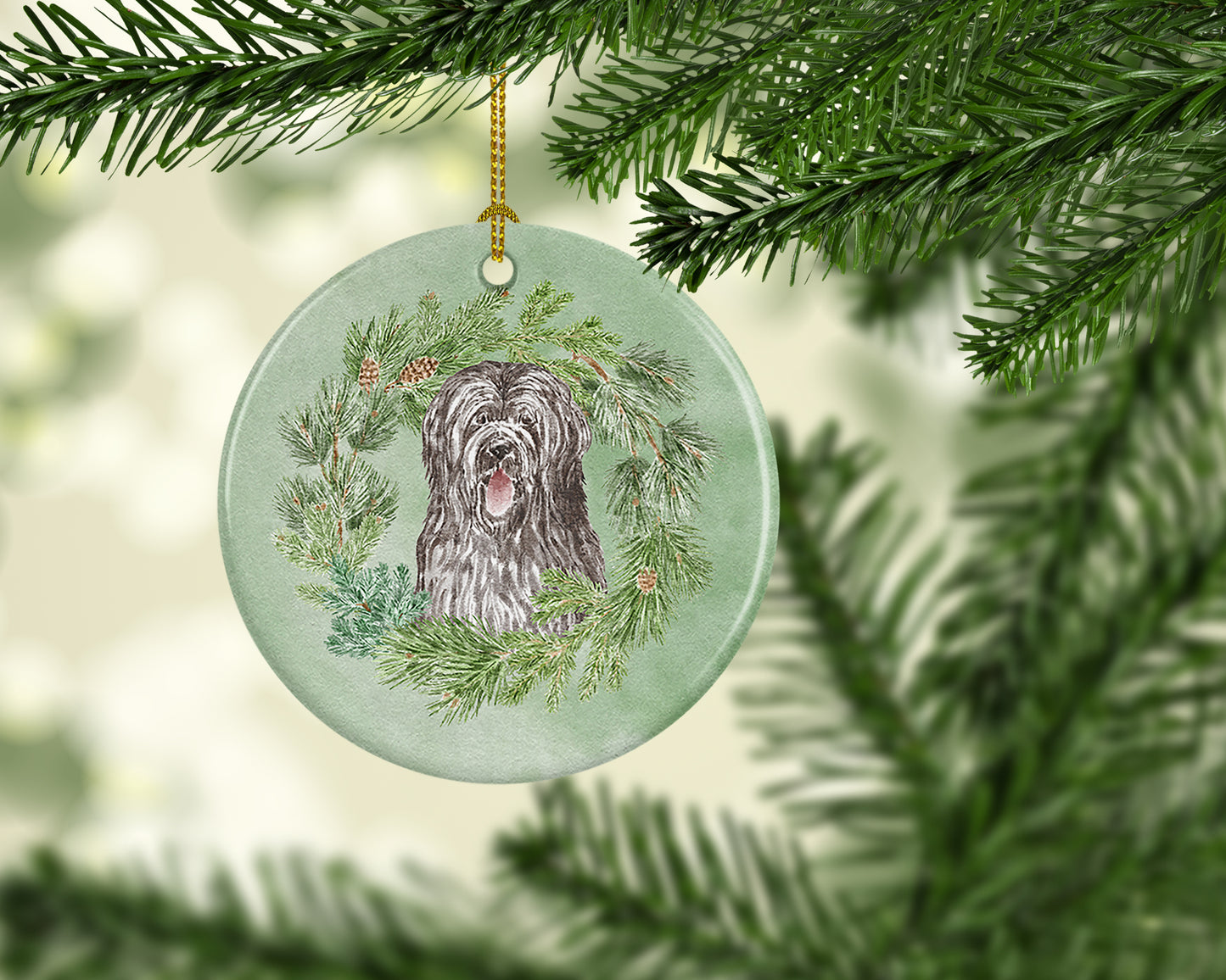 Briard Smiling Eyes Peeking Out Christmas Wreath Ceramic Ornament