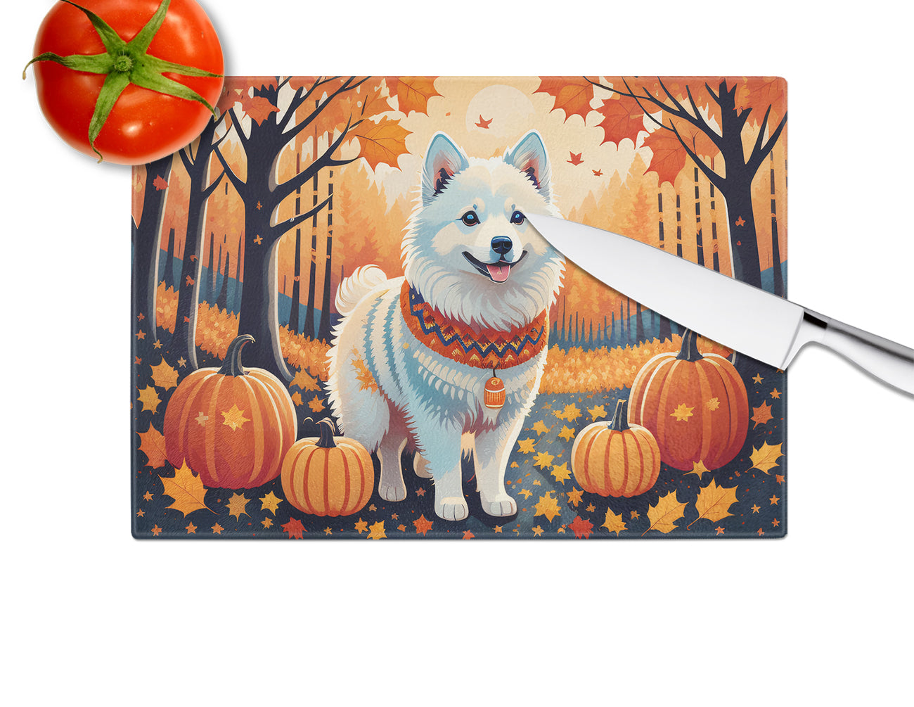 American Eskimo Fall Glass Cutting Board