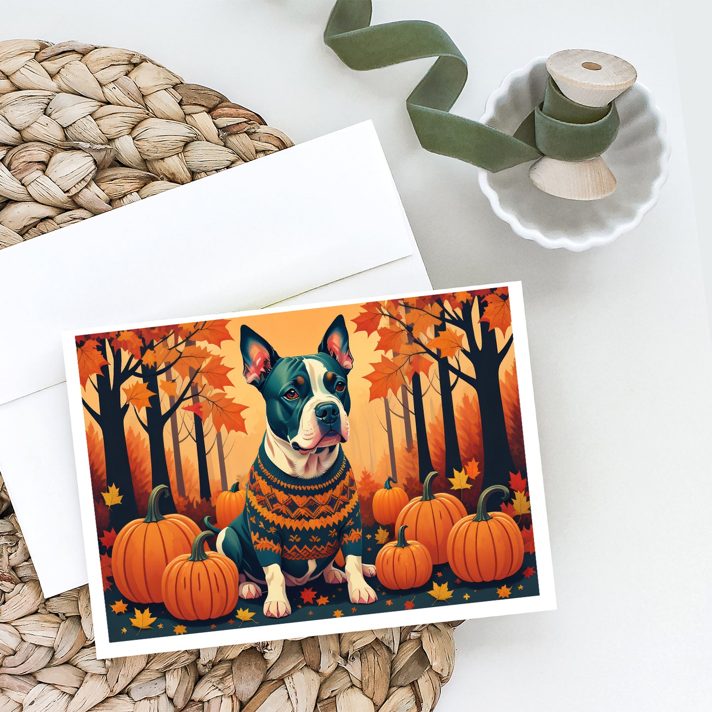 Pit Bull Terrier Fall Greeting Cards Pack of 8