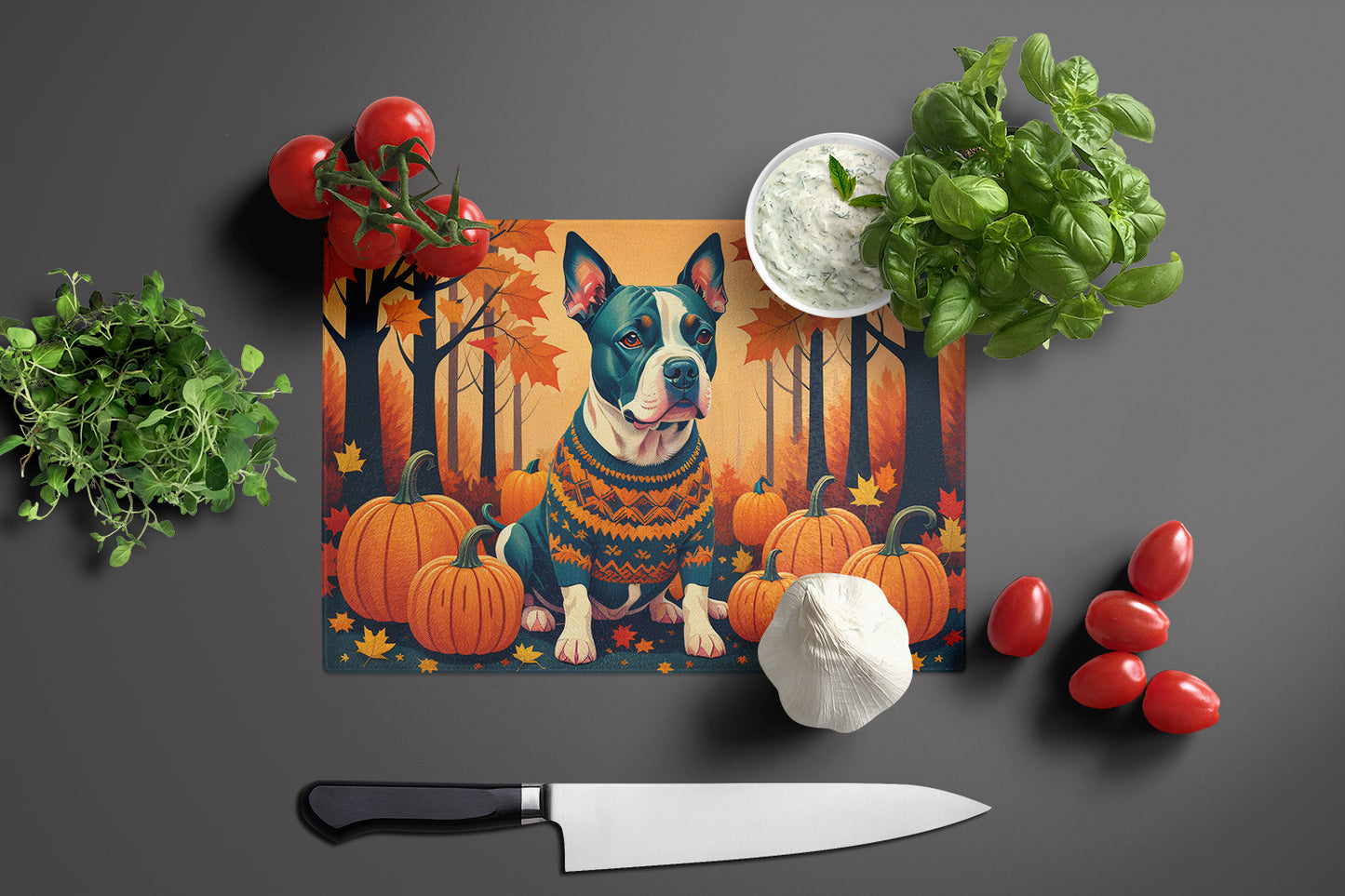 Pit Bull Terrier Fall Glass Cutting Board