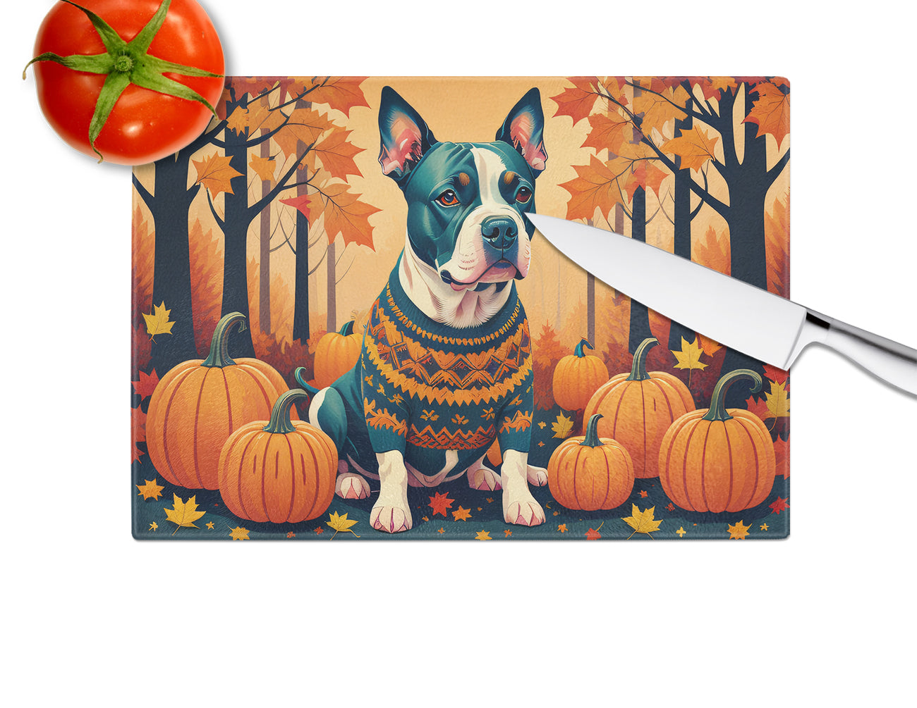 Pit Bull Terrier Fall Glass Cutting Board