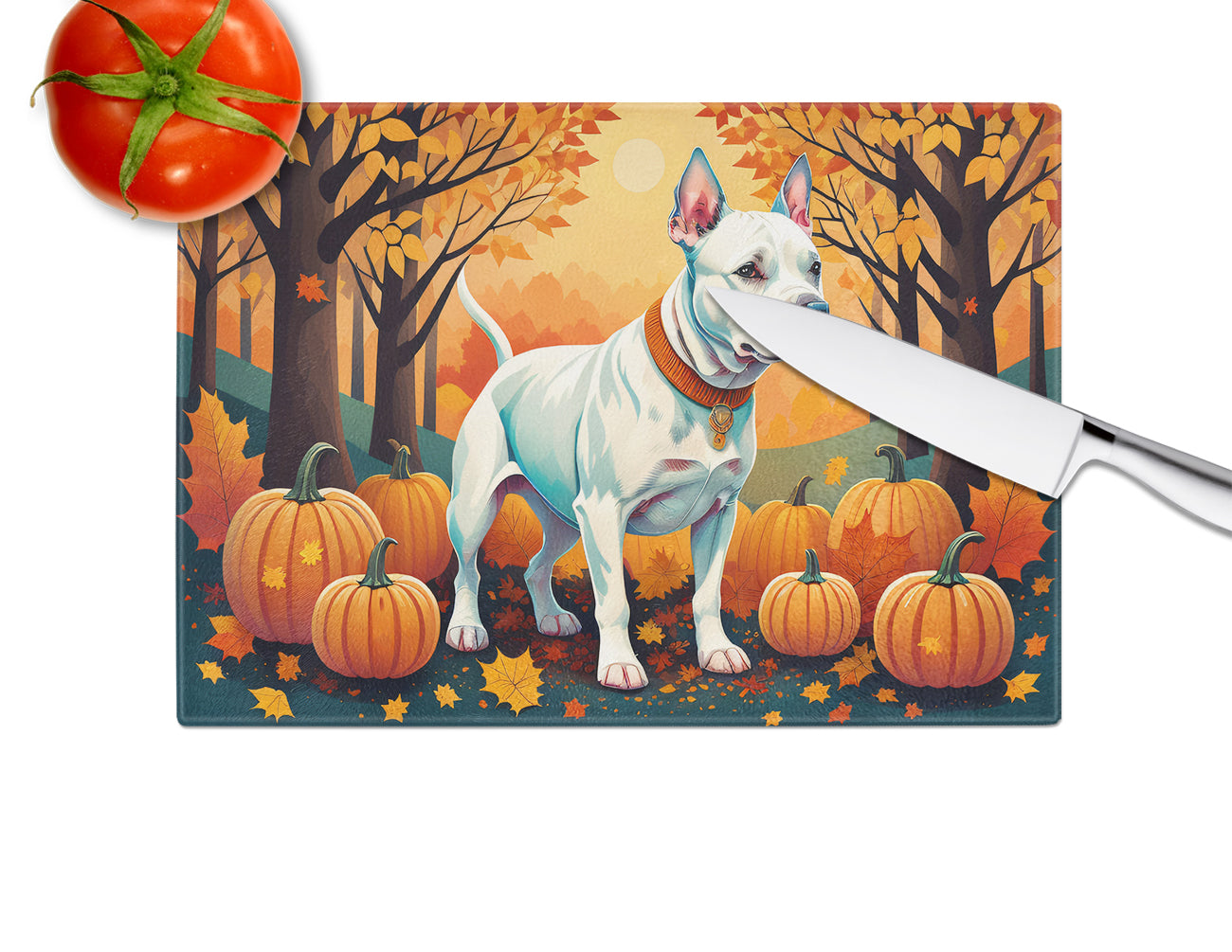 White Pit Bull Terrier Fall Glass Cutting Board