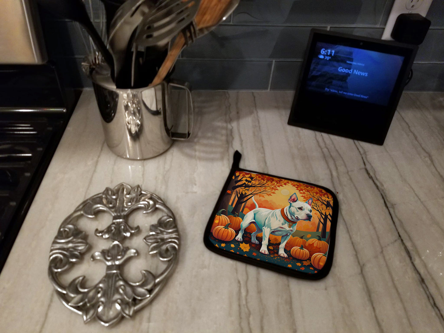 White Pit Bull Terrier Fall Pair of Pot Holders