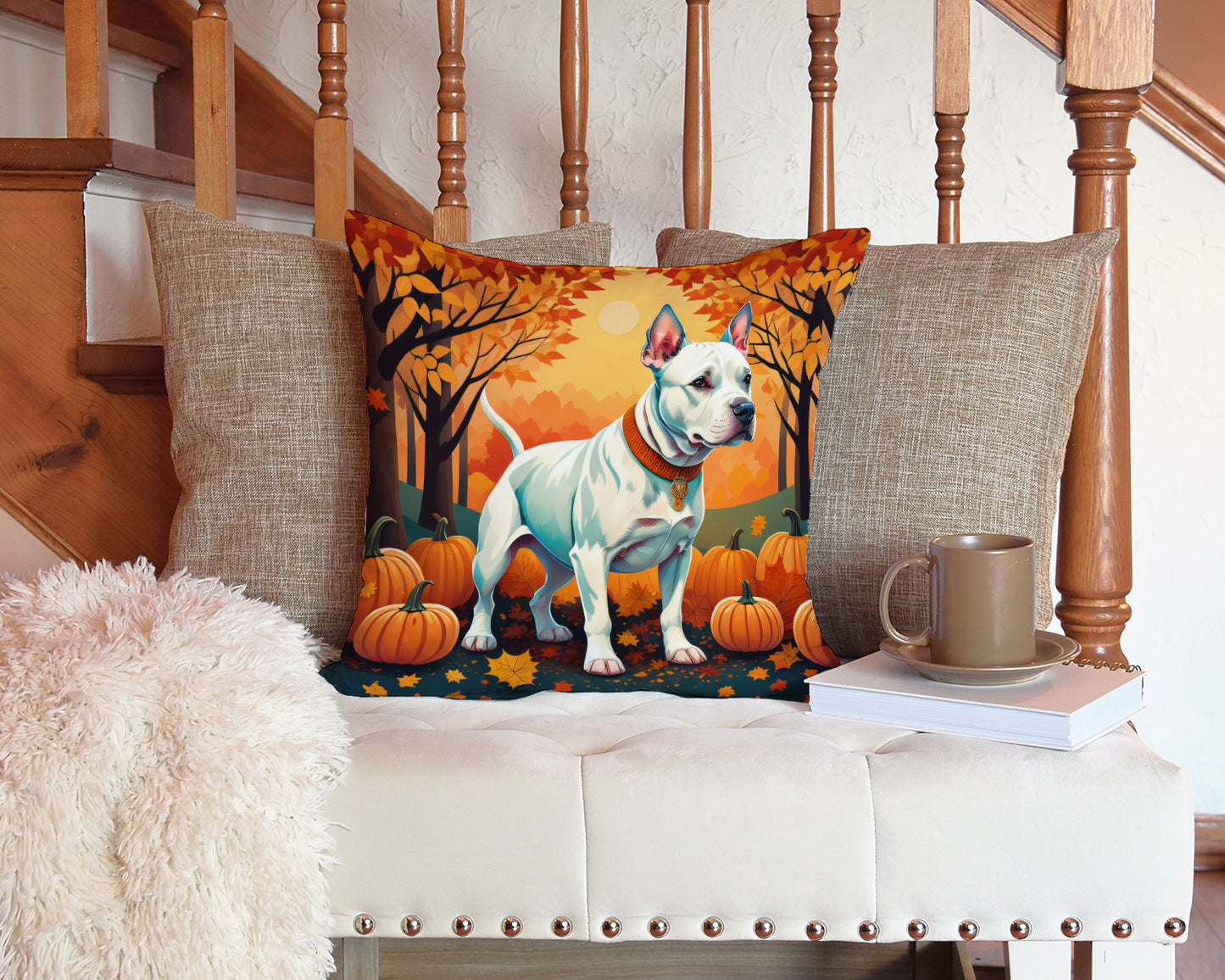 White Pit Bull Terrier Fall Throw Pillow