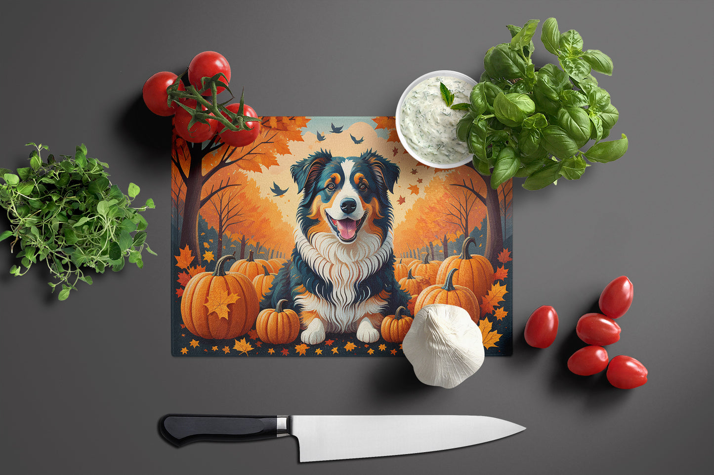 Australian Shepherd Terrier Fall Glass Cutting Board