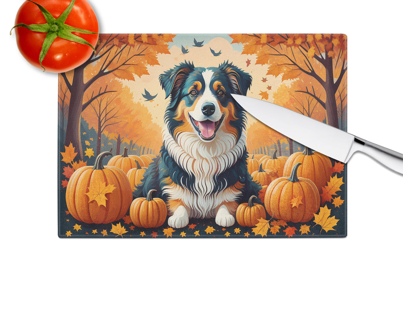 Australian Shepherd Terrier Fall Glass Cutting Board