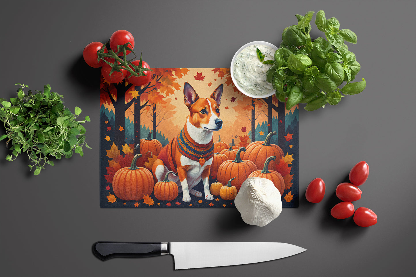 Red Basenji Fall Glass Cutting Board