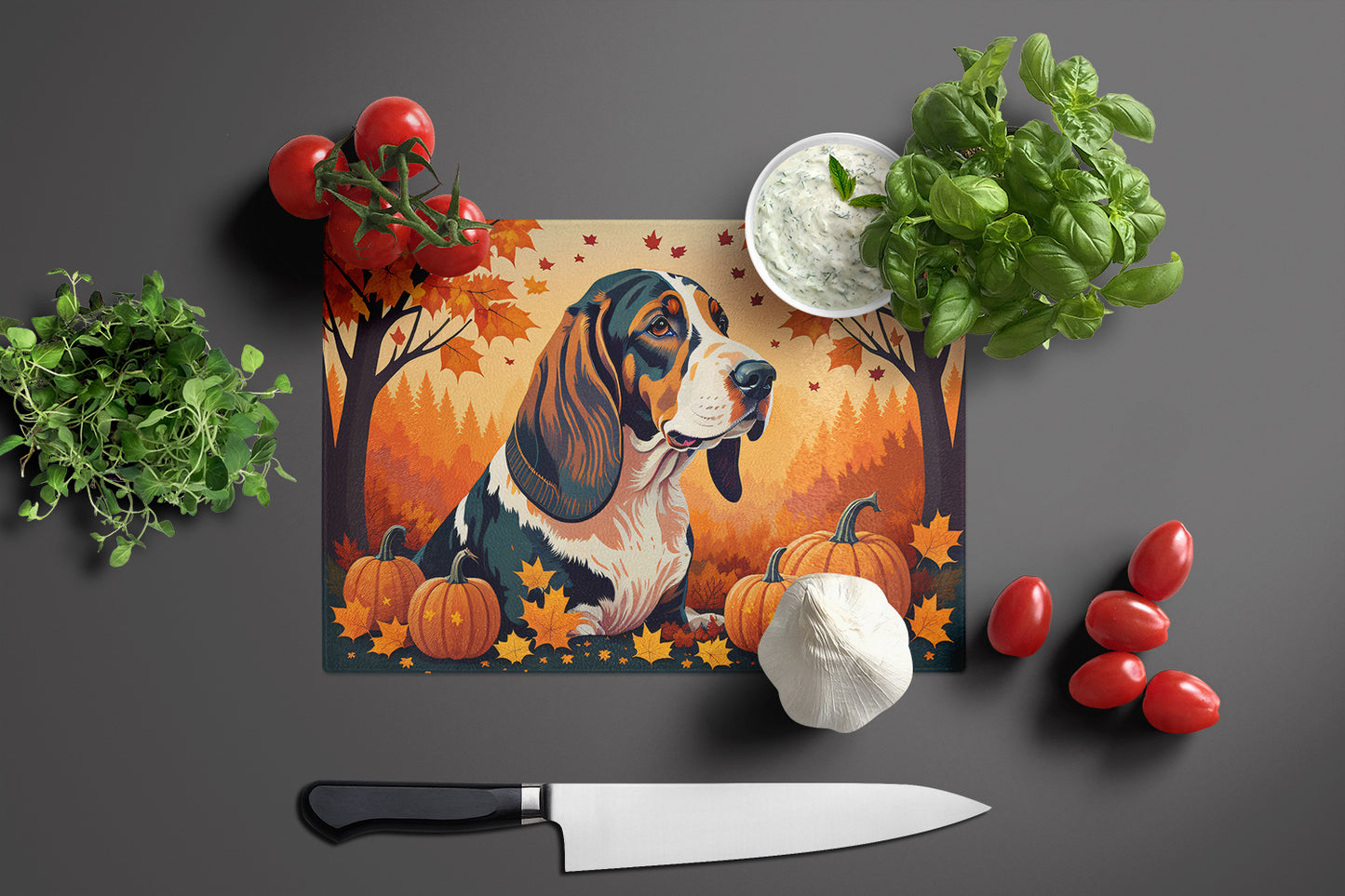 Basset Hound Fall Glass Cutting Board