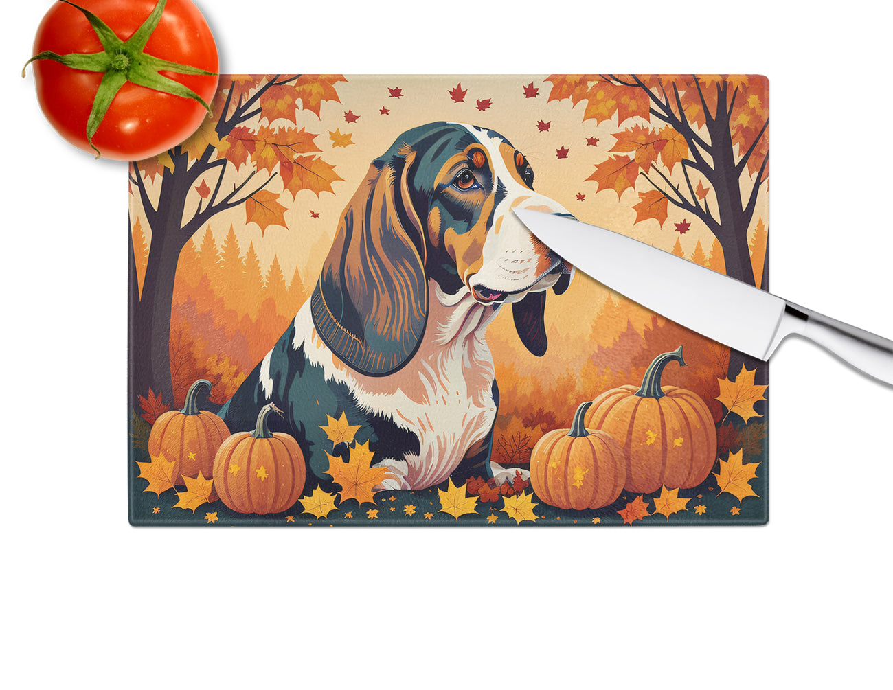 Basset Hound Fall Glass Cutting Board