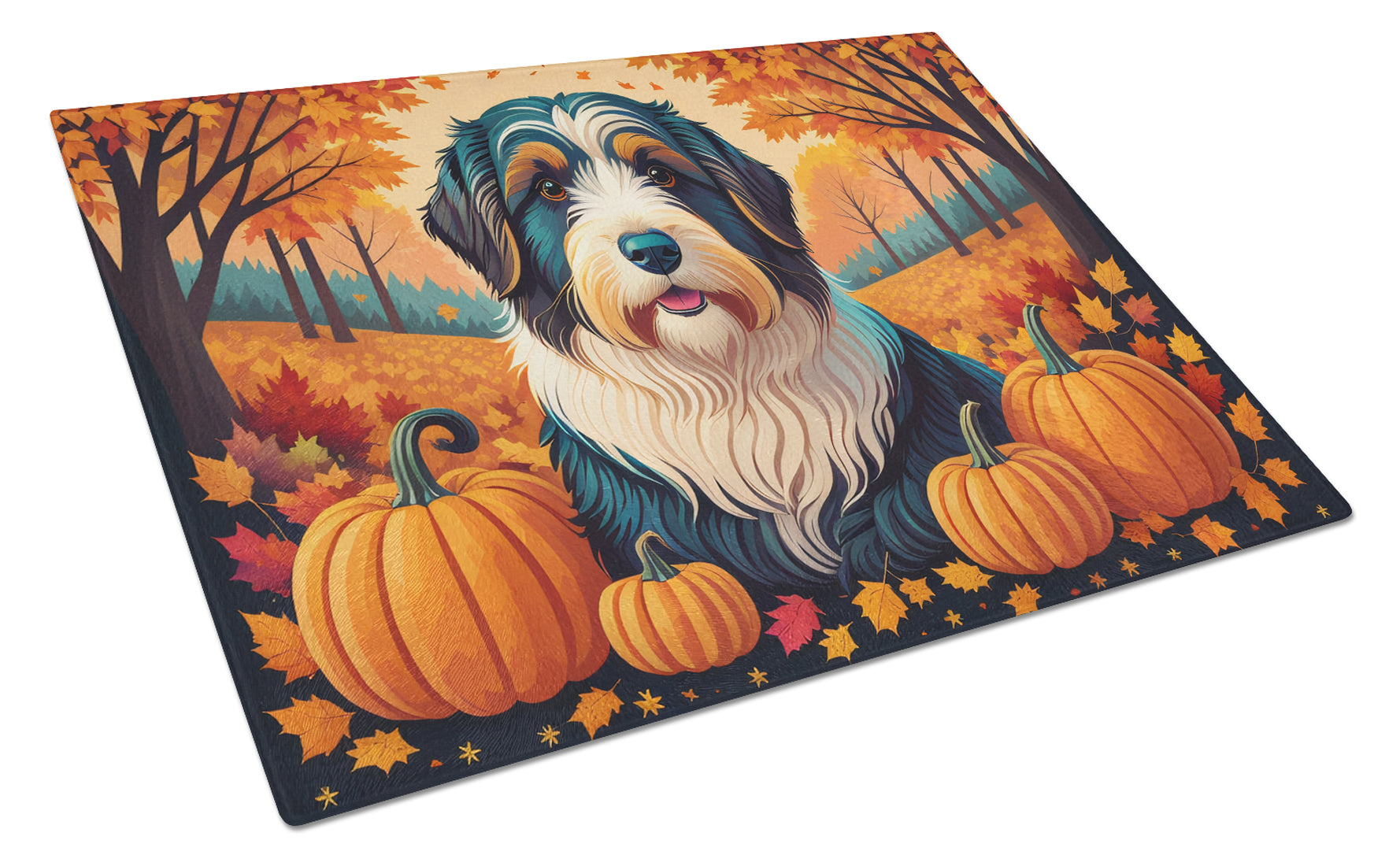 Buy this Bearded Collie Fall Glass Cutting Board