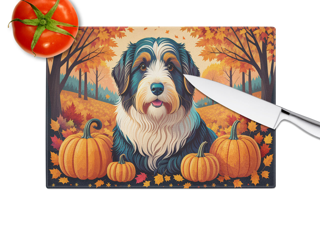 Bearded Collie Fall Glass Cutting Board