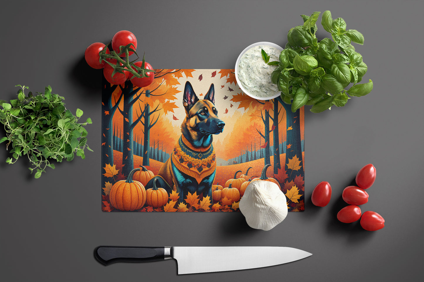 Belgian Malinois Fall Glass Cutting Board