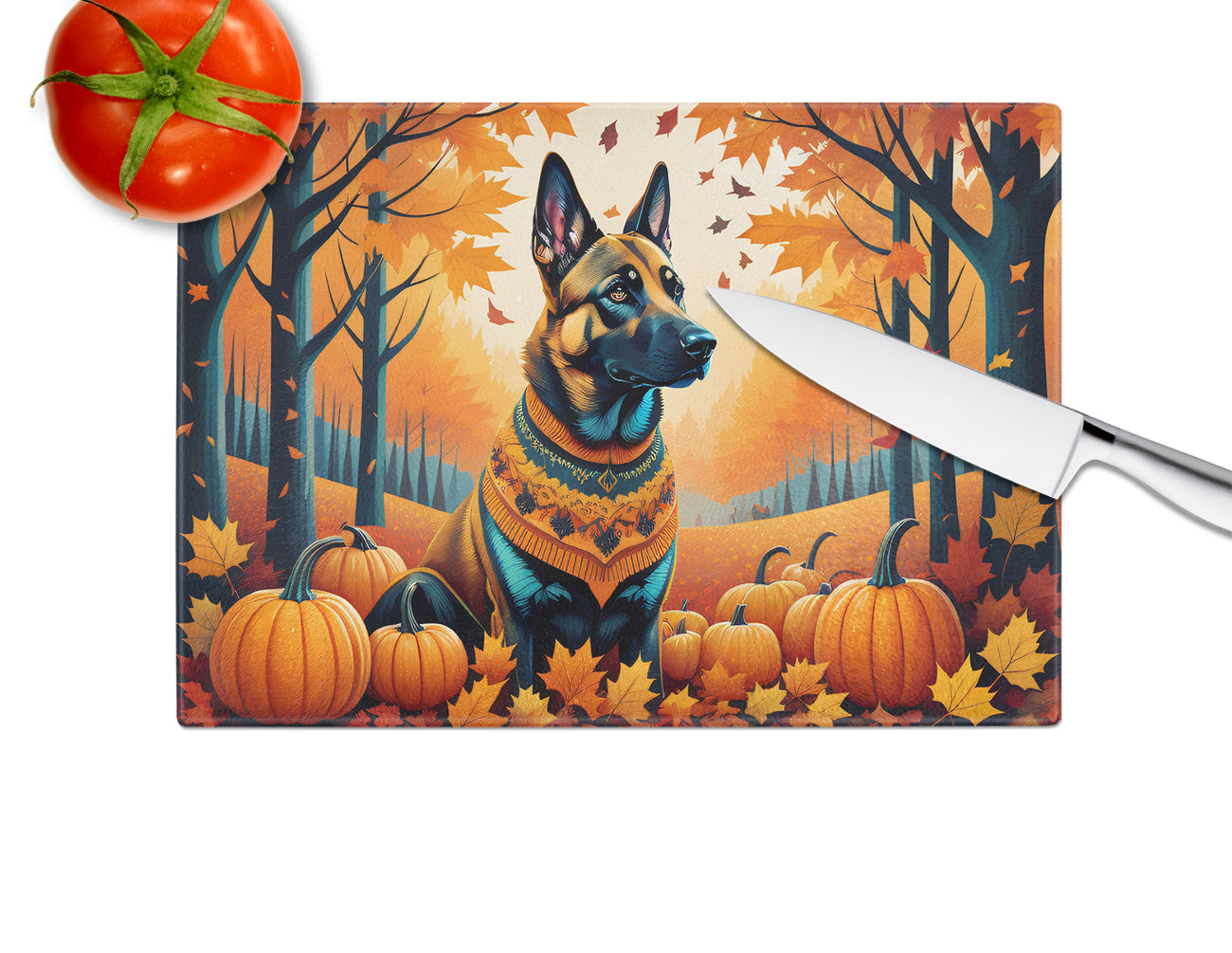 Belgian Malinois Fall Glass Cutting Board