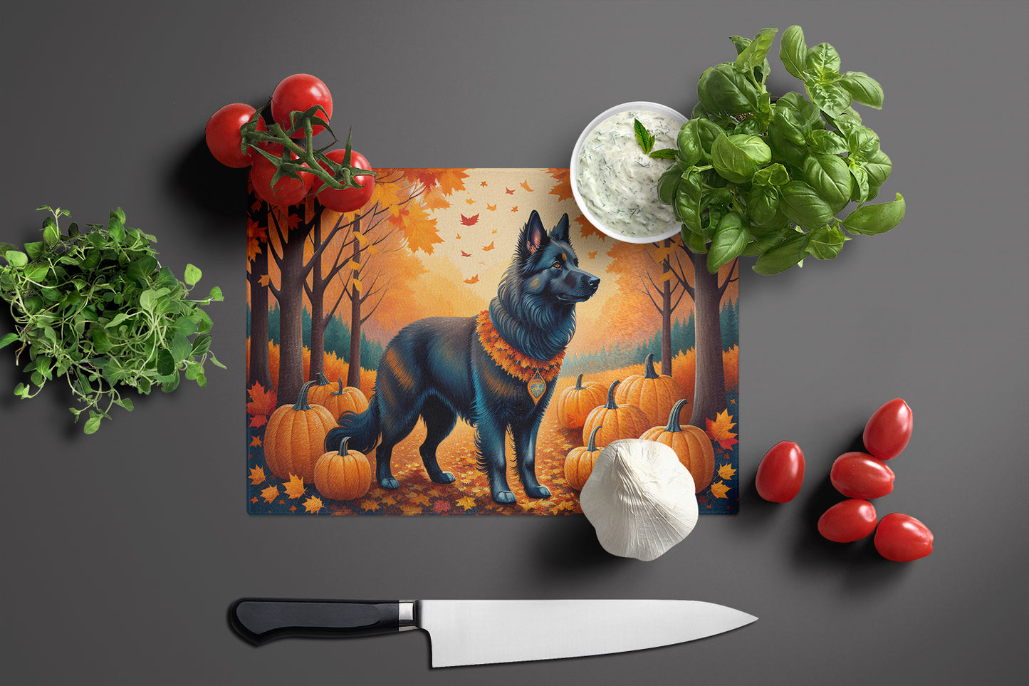 Belgian Sheepdog Fall Glass Cutting Board