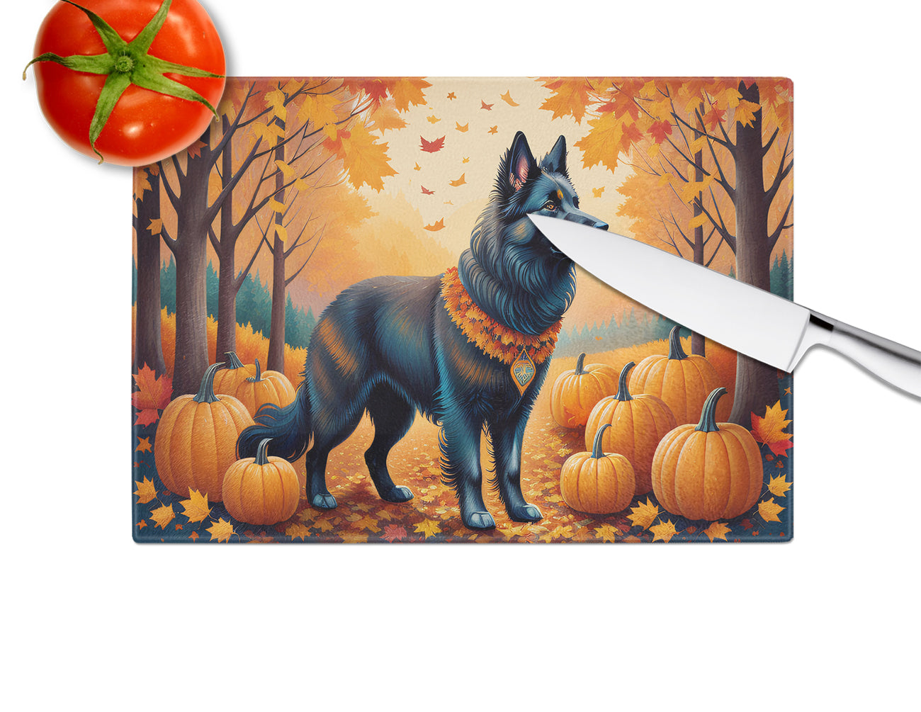 Belgian Sheepdog Fall Glass Cutting Board