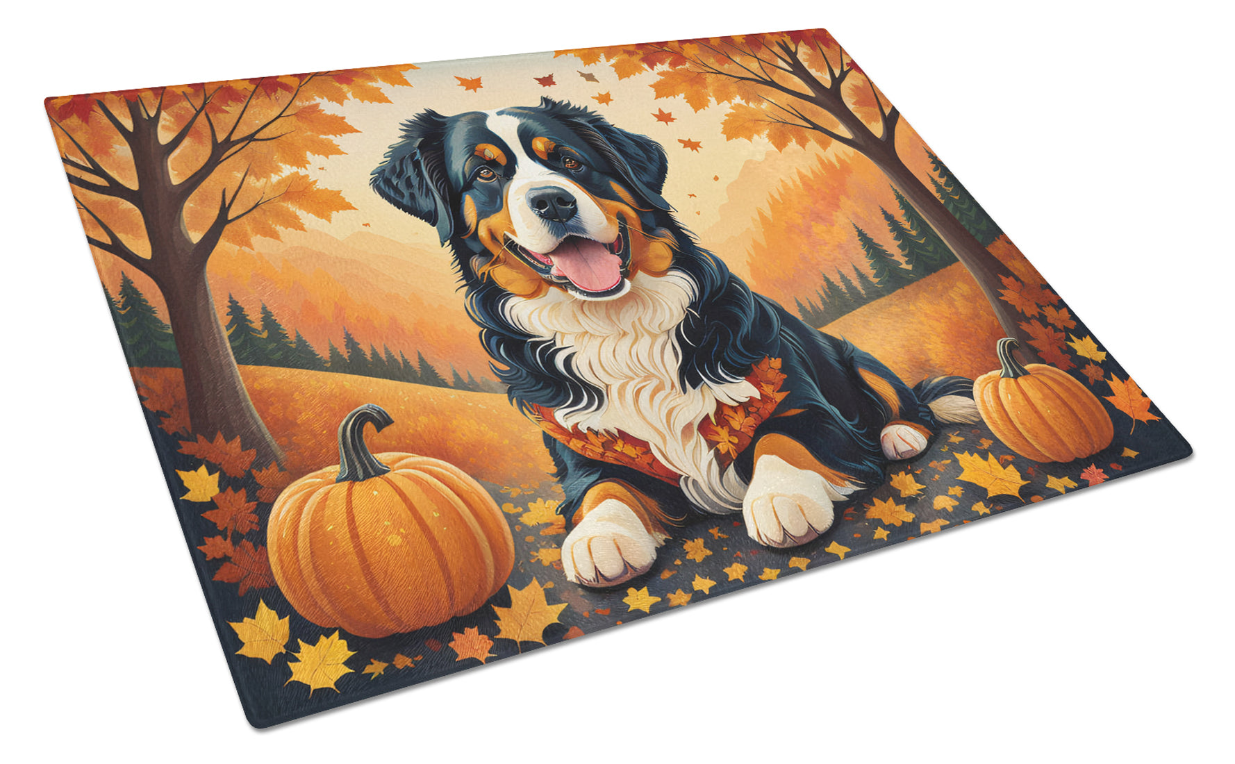 Buy this Bernese Mountain Dog Fall Glass Cutting Board