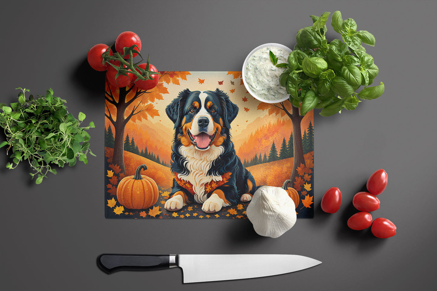 Bernese Mountain Dog Fall Glass Cutting Board