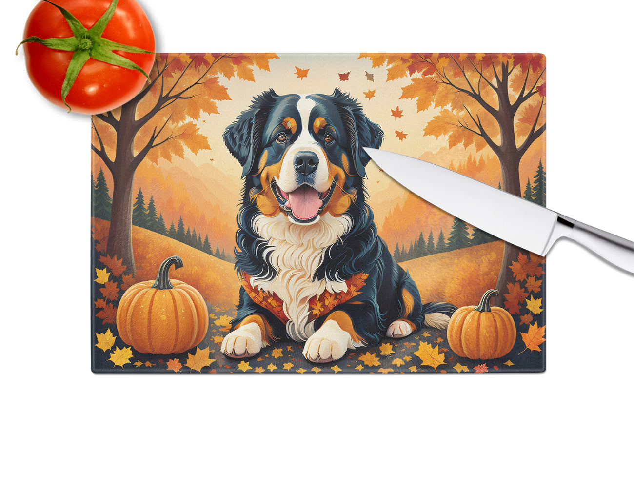 Bernese Mountain Dog Fall Glass Cutting Board