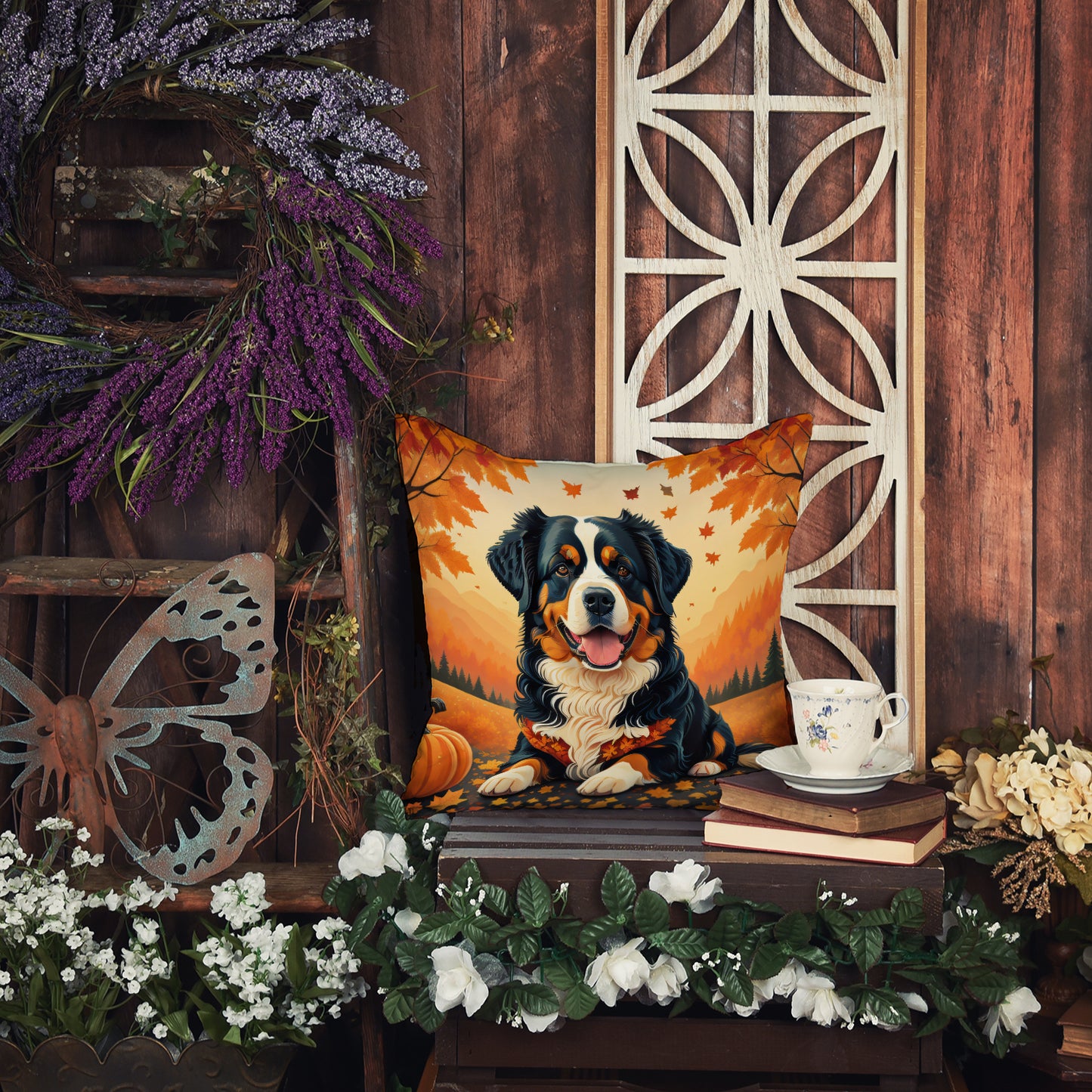 Bernese Mountain Dog Fall Throw Pillow