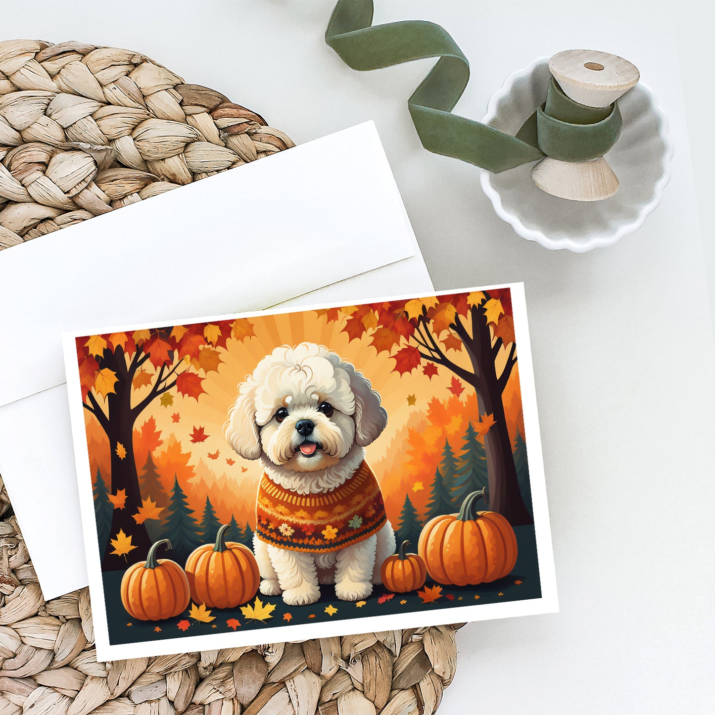 Bichon Frise Fall Greeting Cards Pack of 8