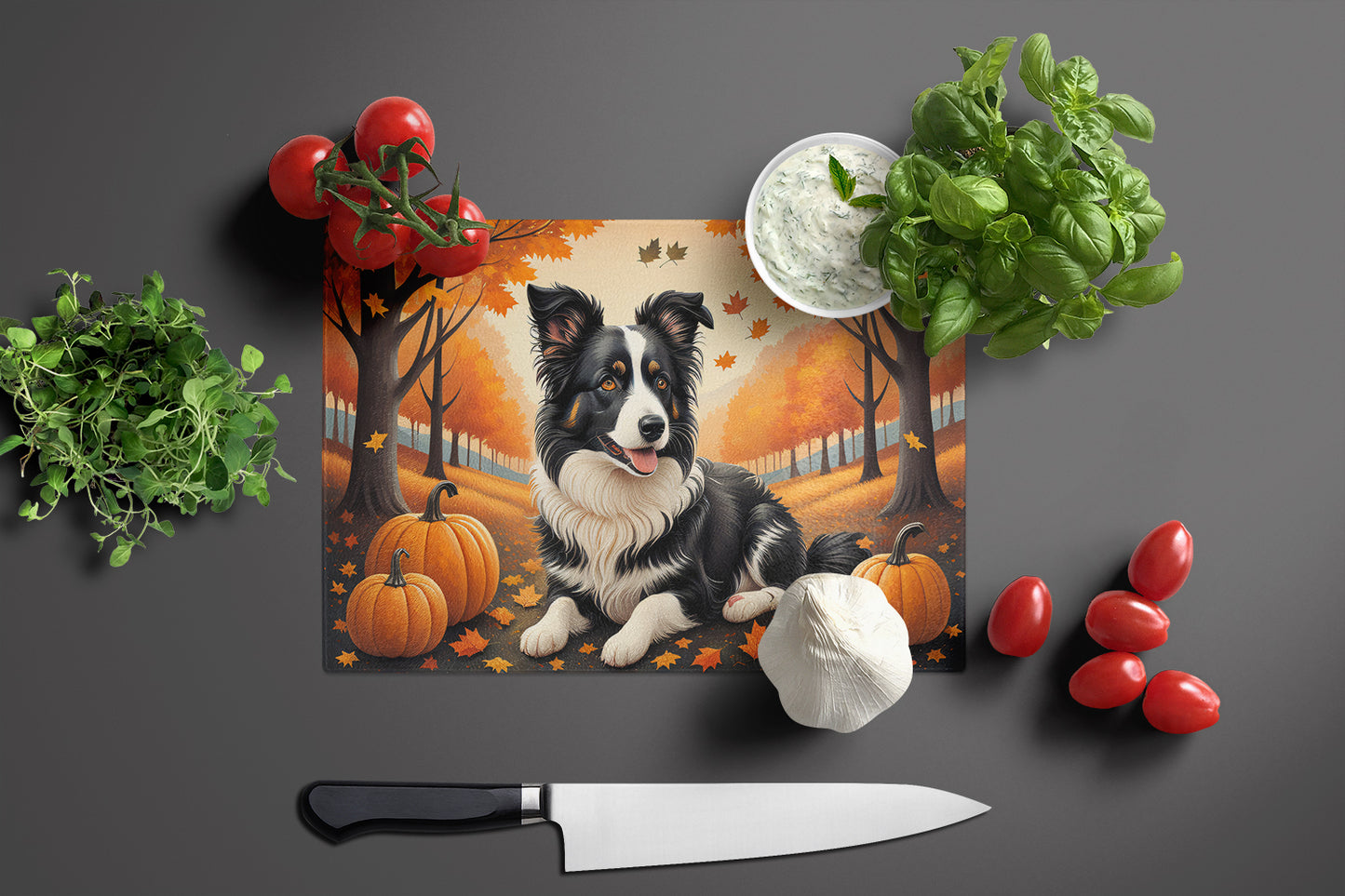 Border Collie Fall Glass Cutting Board