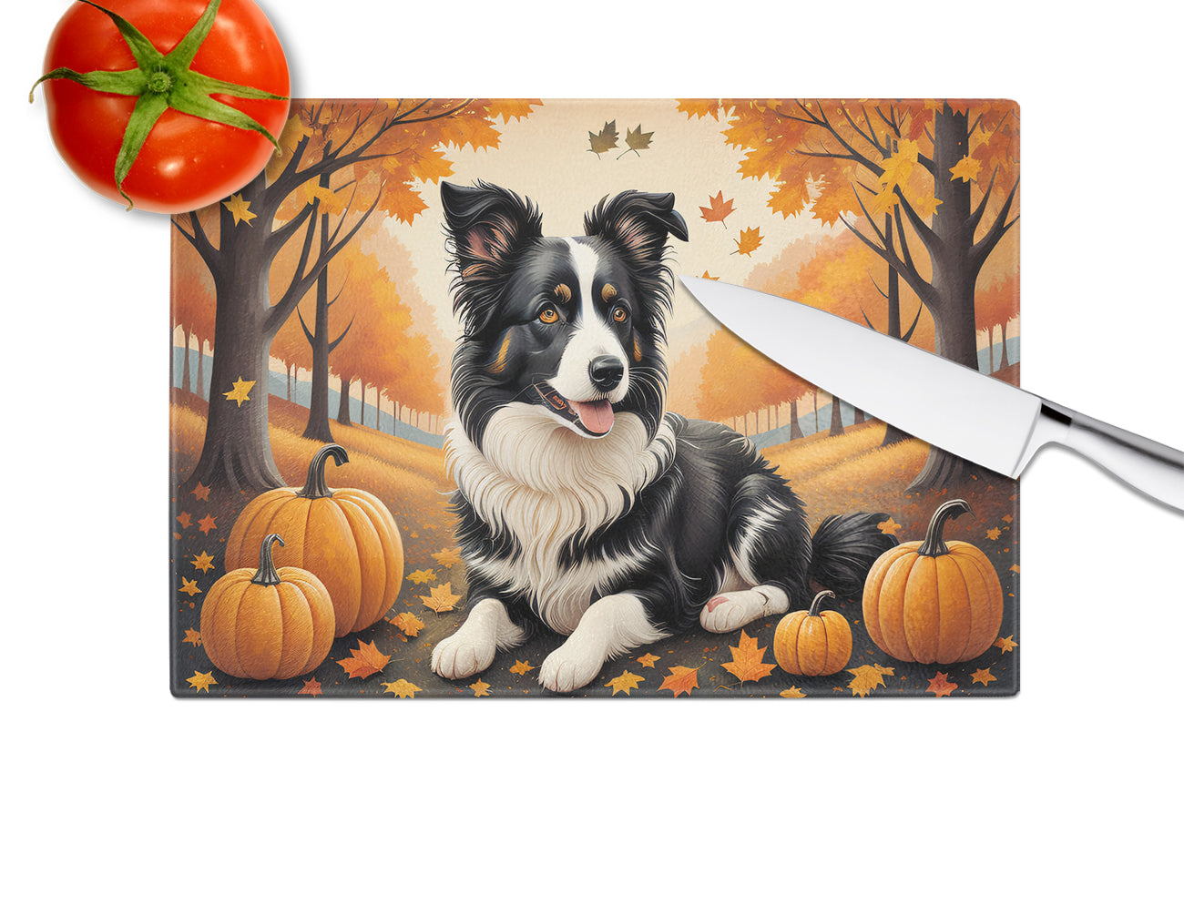 Border Collie Fall Glass Cutting Board