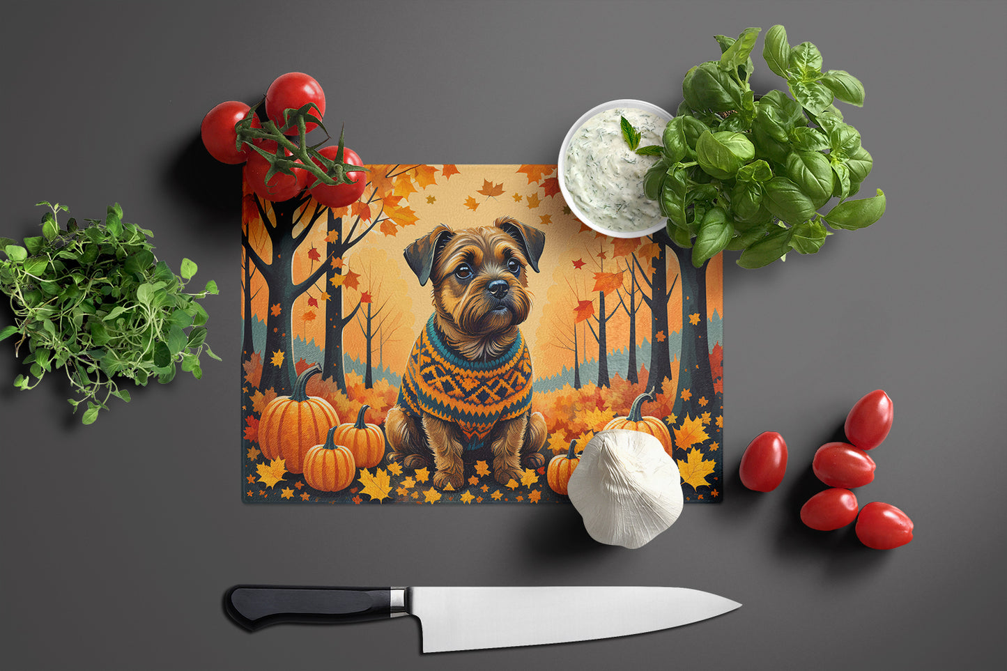 Border Terrier Fall Glass Cutting Board