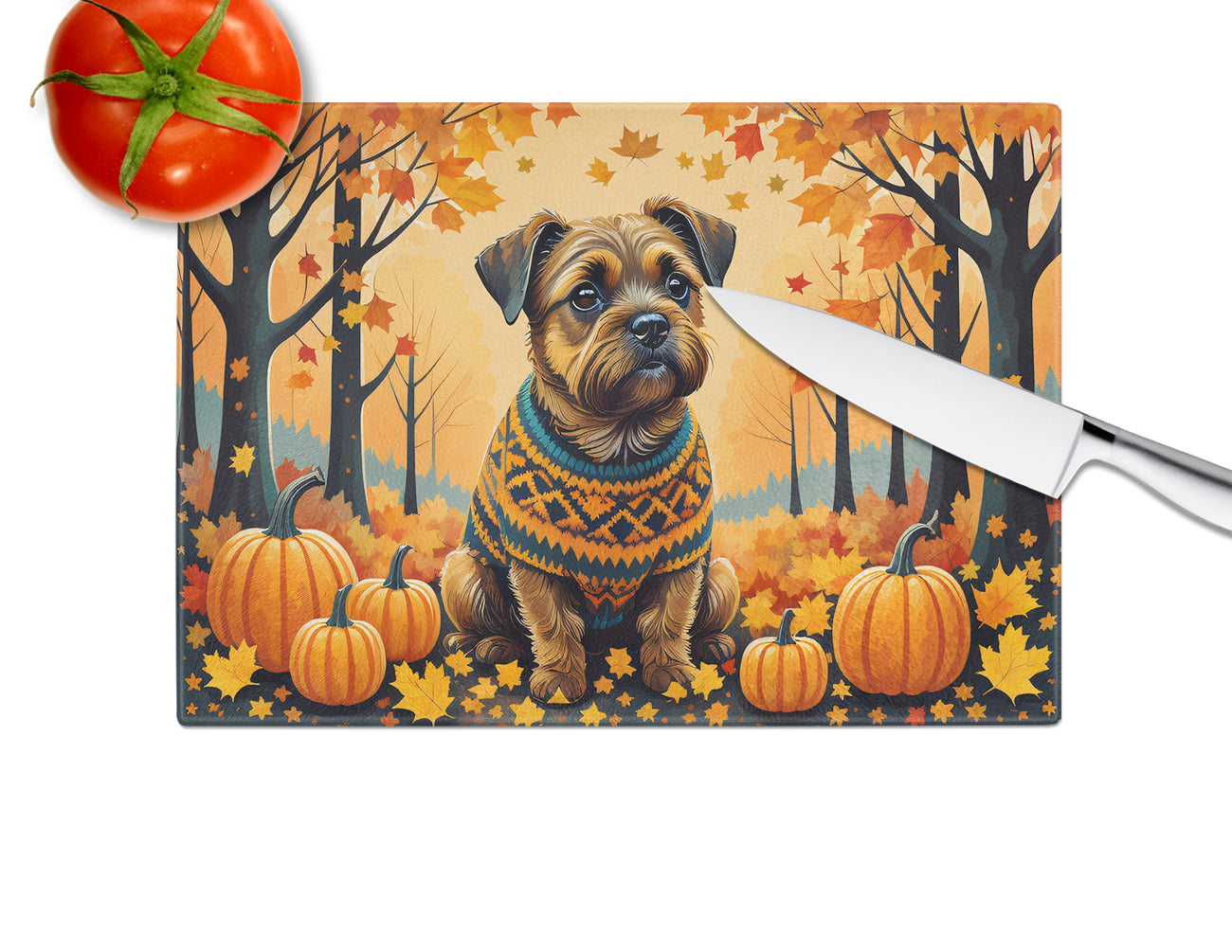 Border Terrier Fall Glass Cutting Board