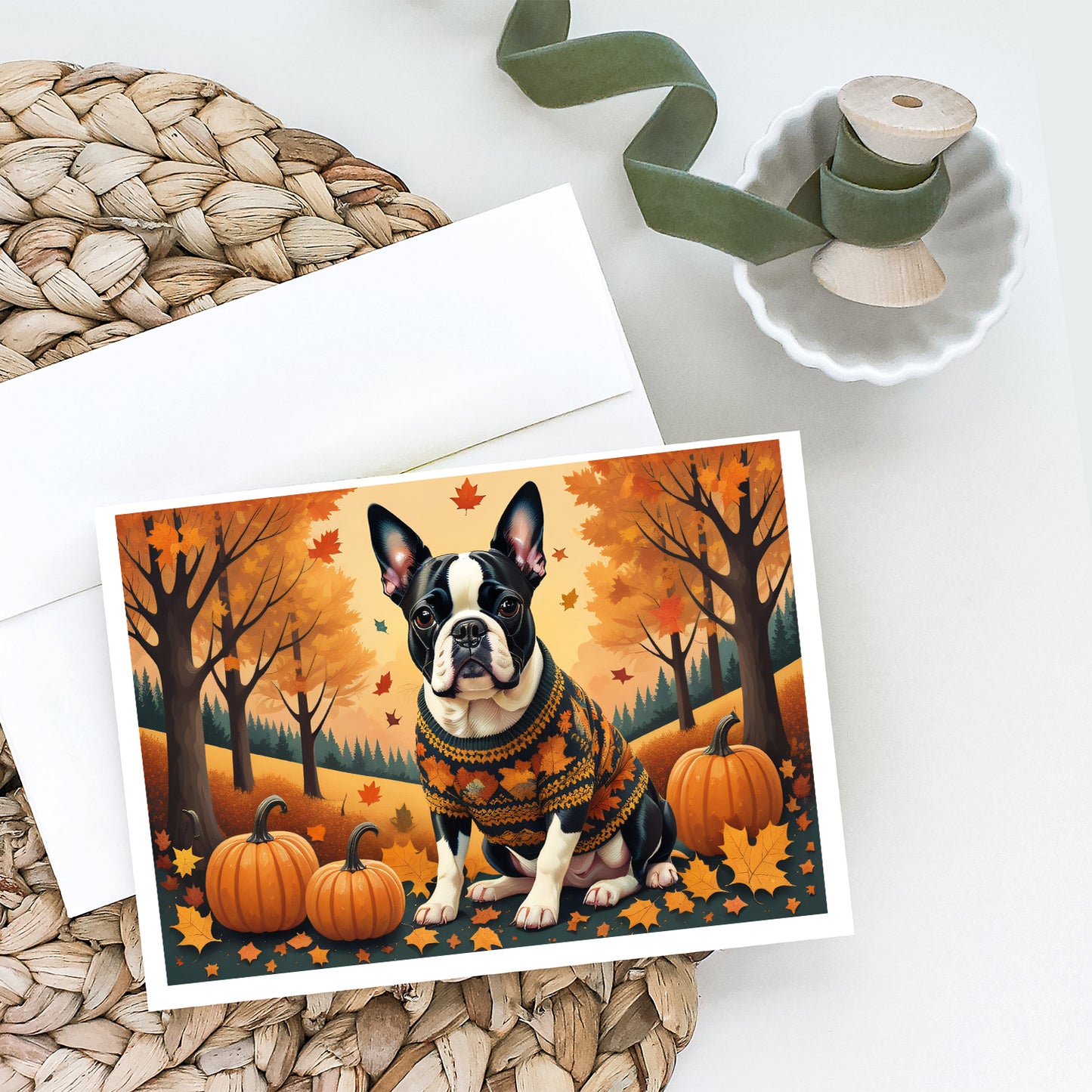 Boston Terrier Fall Greeting Cards Pack of 8