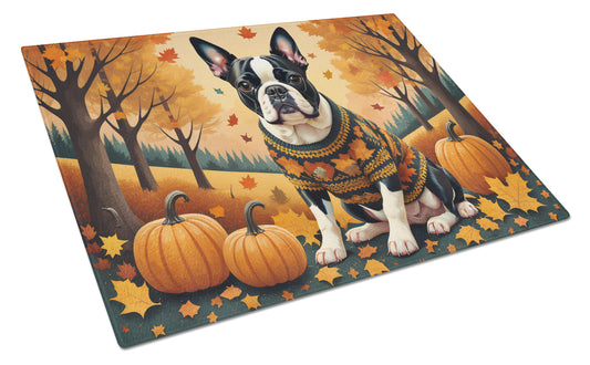 Buy this Boston Terrier Fall Glass Cutting Board