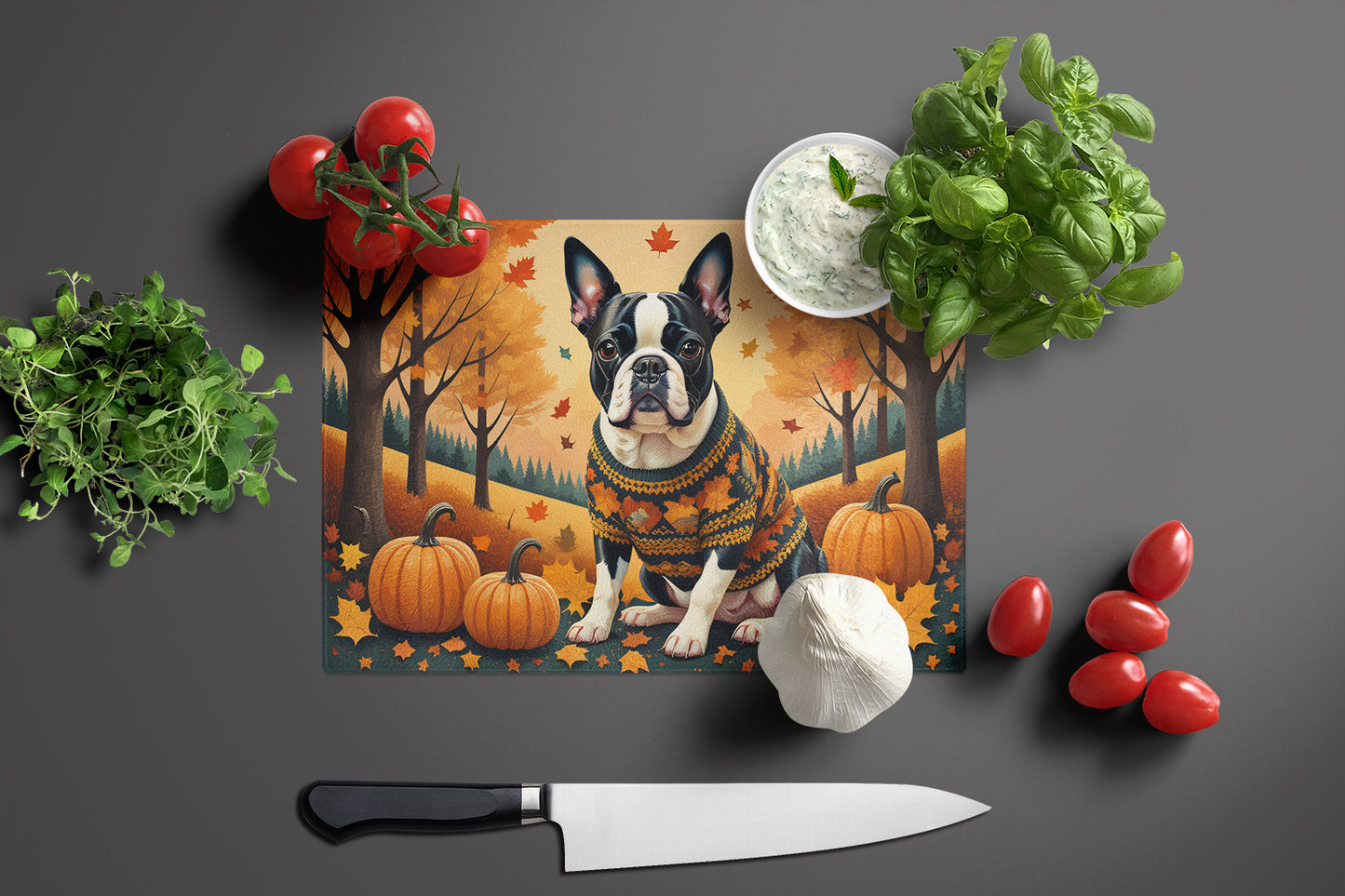 Boston Terrier Fall Glass Cutting Board