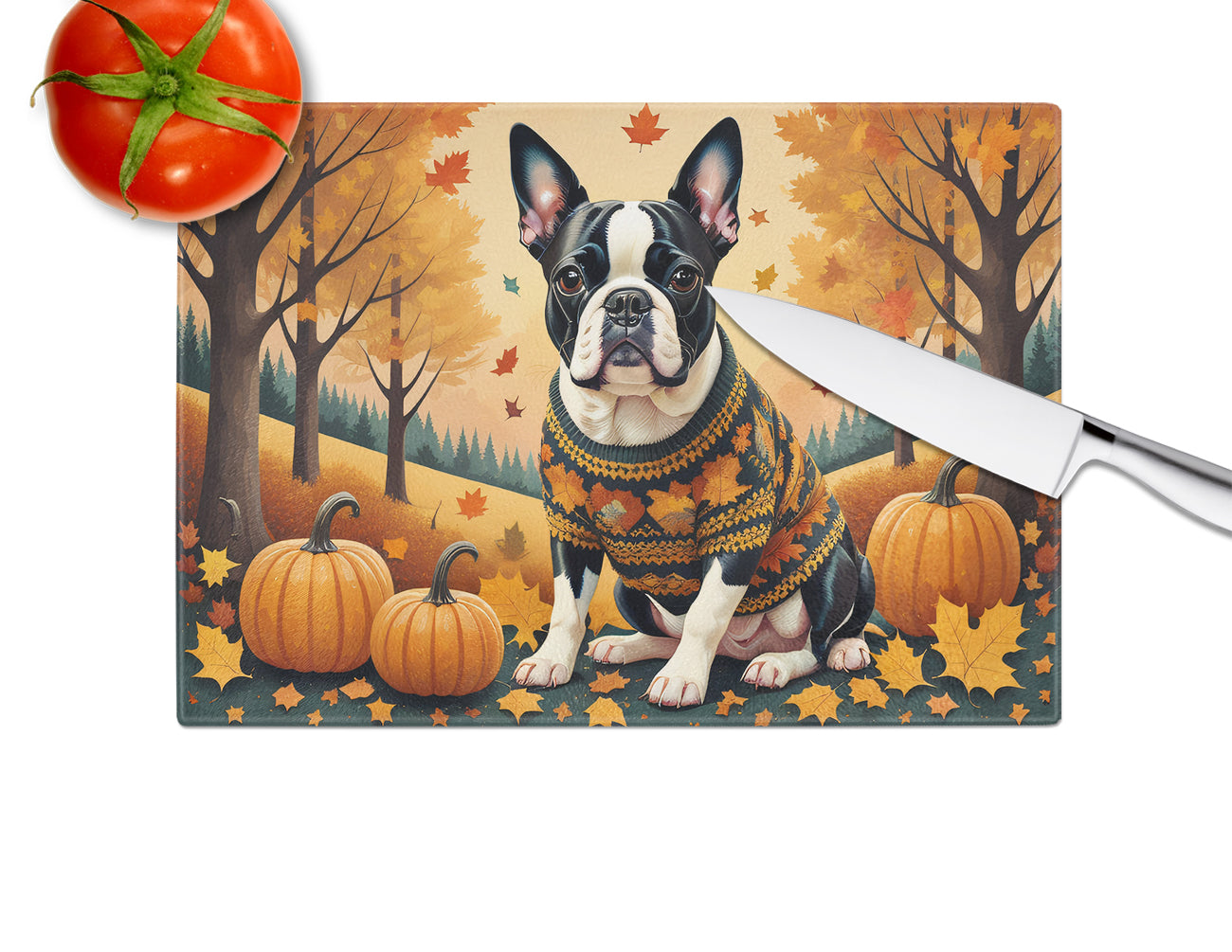 Boston Terrier Fall Glass Cutting Board