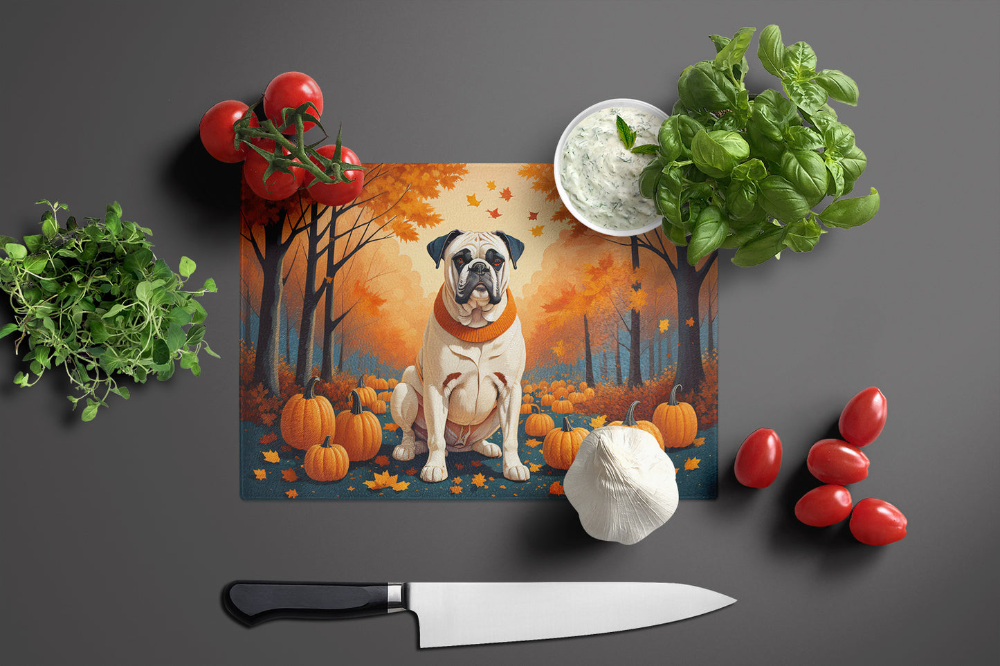 White Boxer Fall Glass Cutting Board