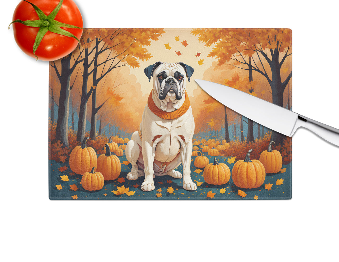 White Boxer Fall Glass Cutting Board