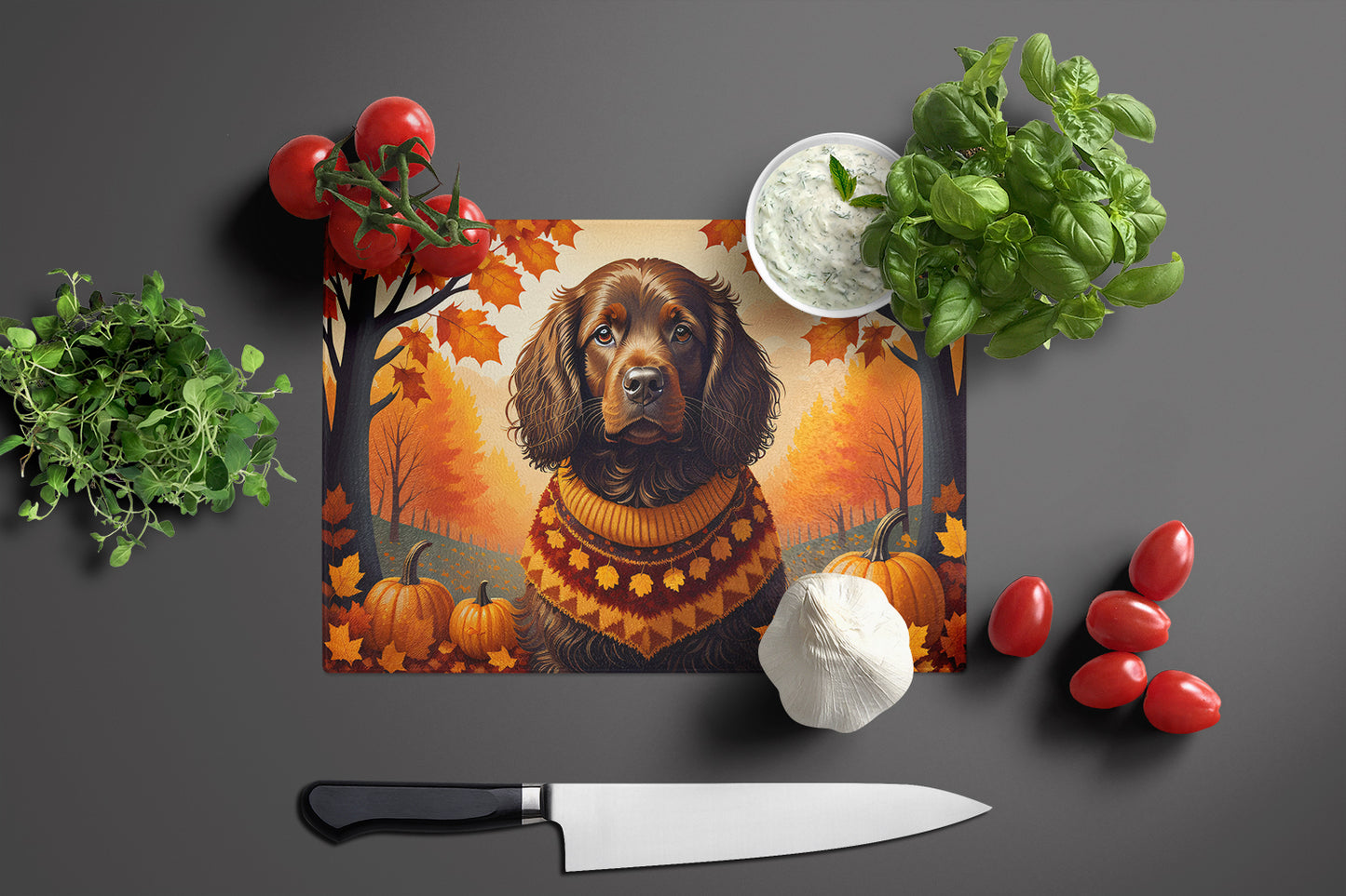 Boykin Spaniel Fall Glass Cutting Board