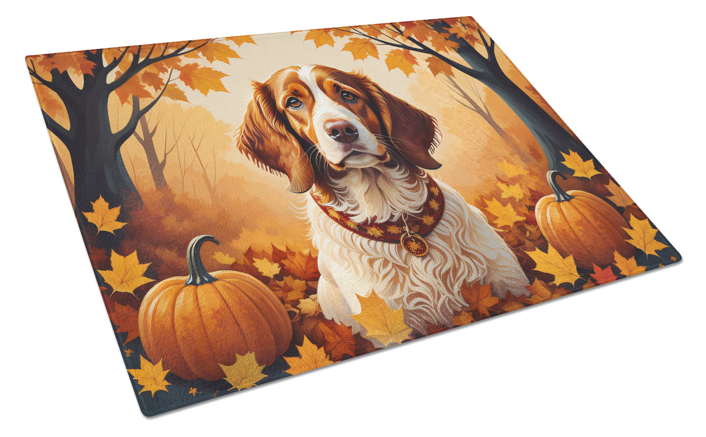 Buy this Brittany Spaniel Fall Glass Cutting Board