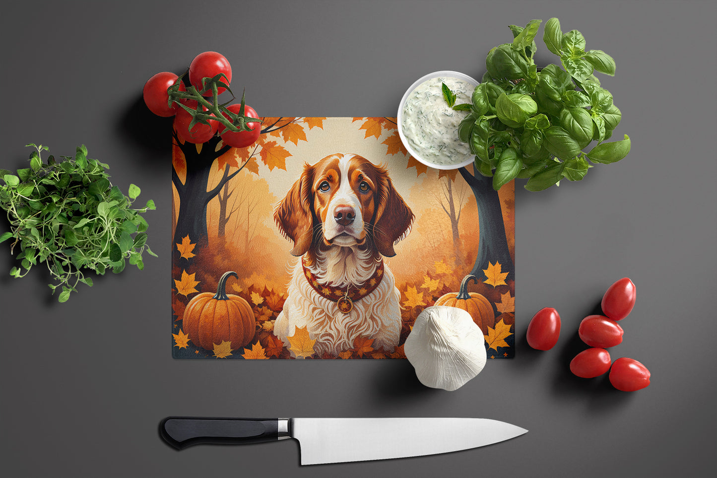 Brittany Spaniel Fall Glass Cutting Board