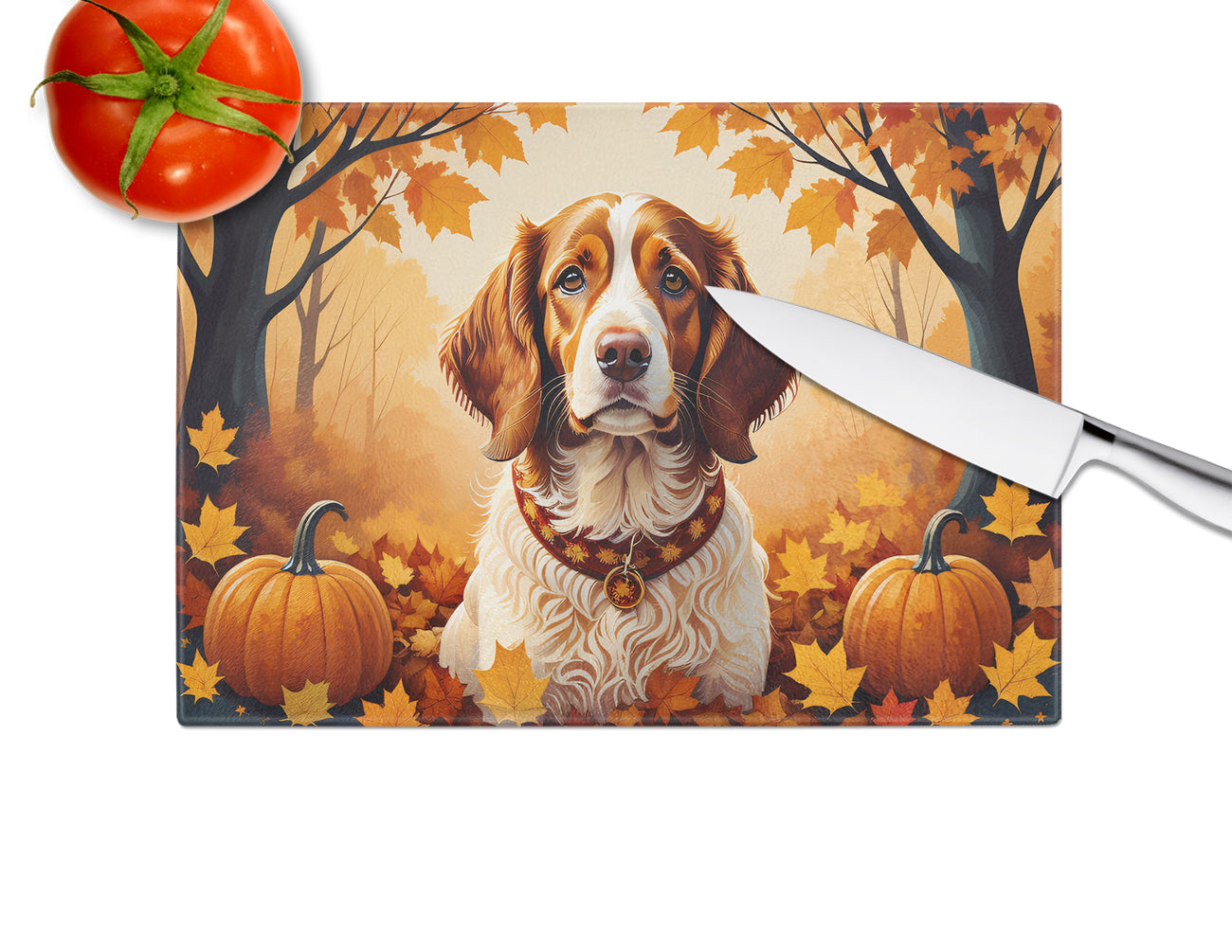 Brittany Spaniel Fall Glass Cutting Board