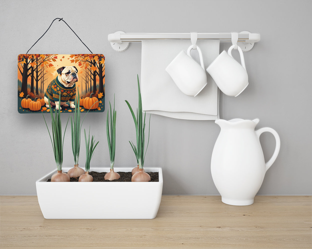 White English Bulldog Fall Wall or Door Hanging Prints