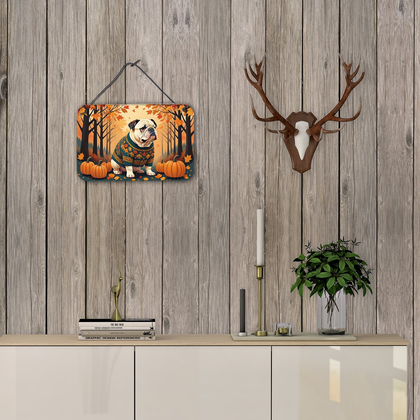 White English Bulldog Fall Wall or Door Hanging Prints