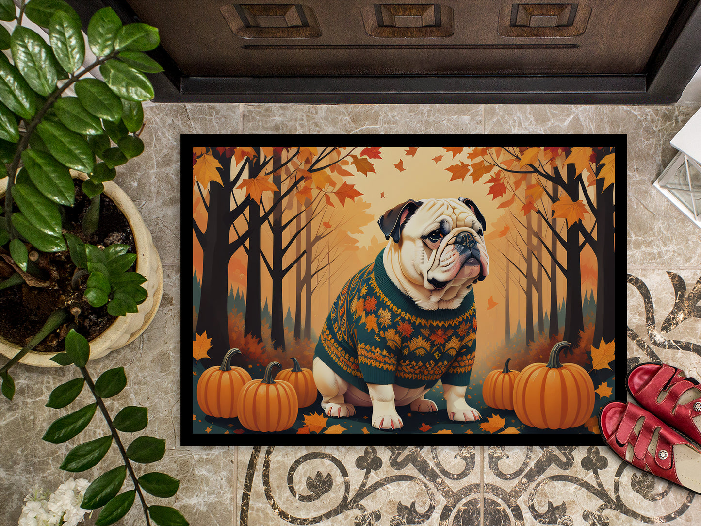 White English Bulldog Fall Doormat