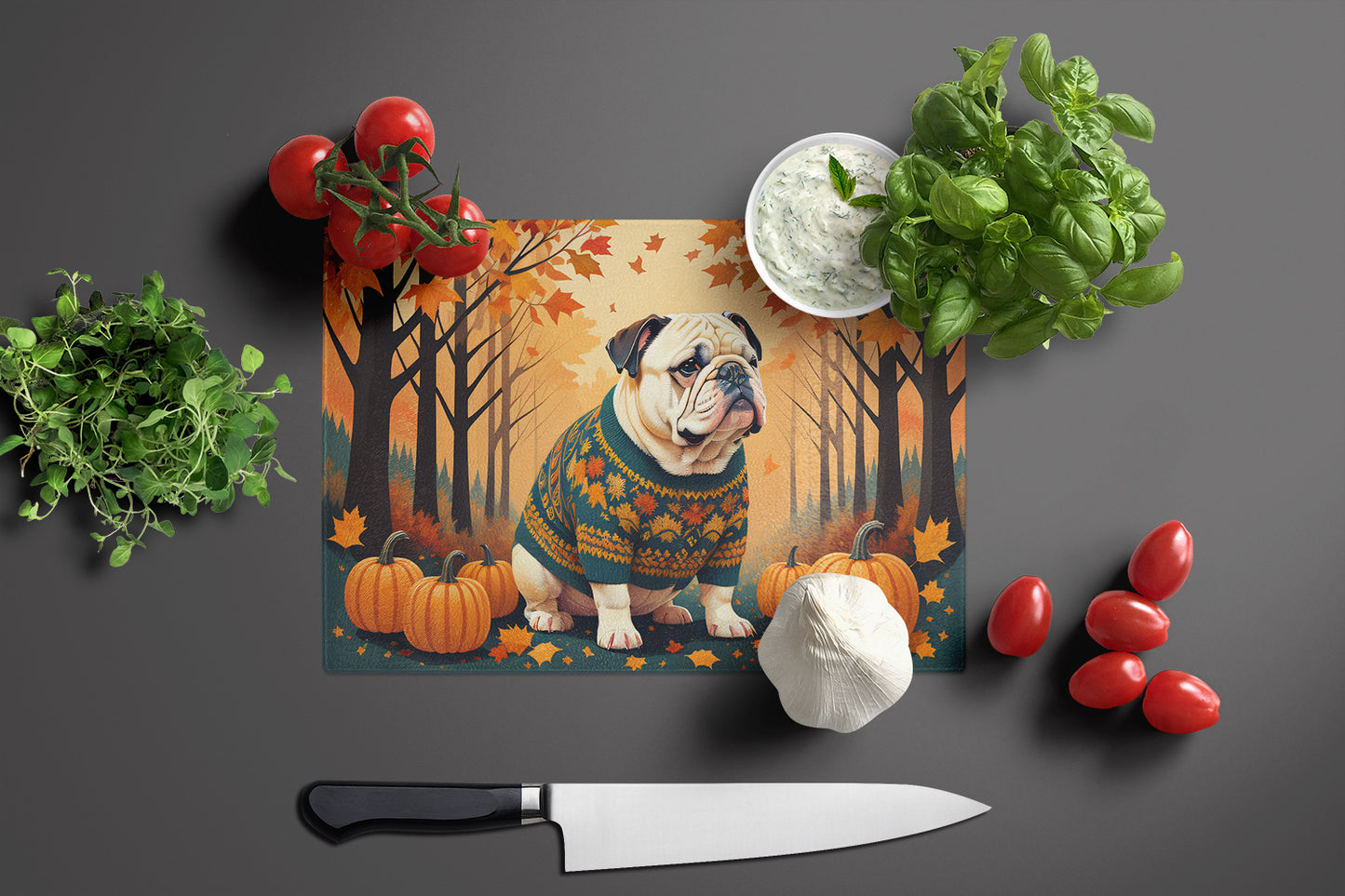 White English Bulldog Fall Glass Cutting Board