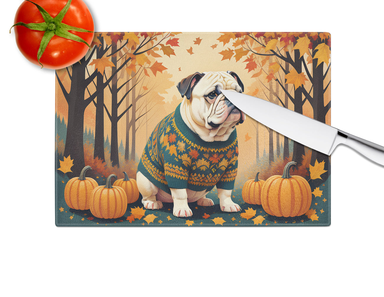 White English Bulldog Fall Glass Cutting Board