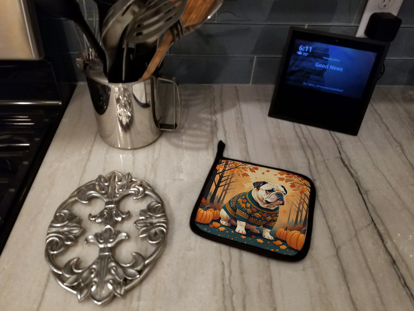 White English Bulldog Fall Pair of Pot Holders