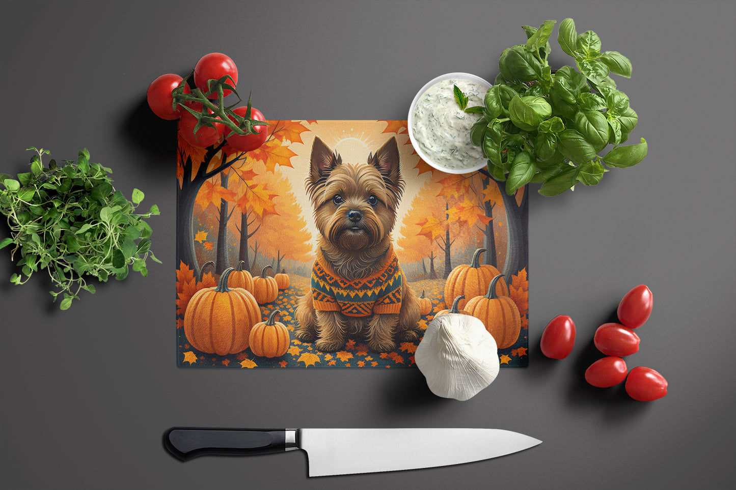 Cairn Terrier Fall Glass Cutting Board