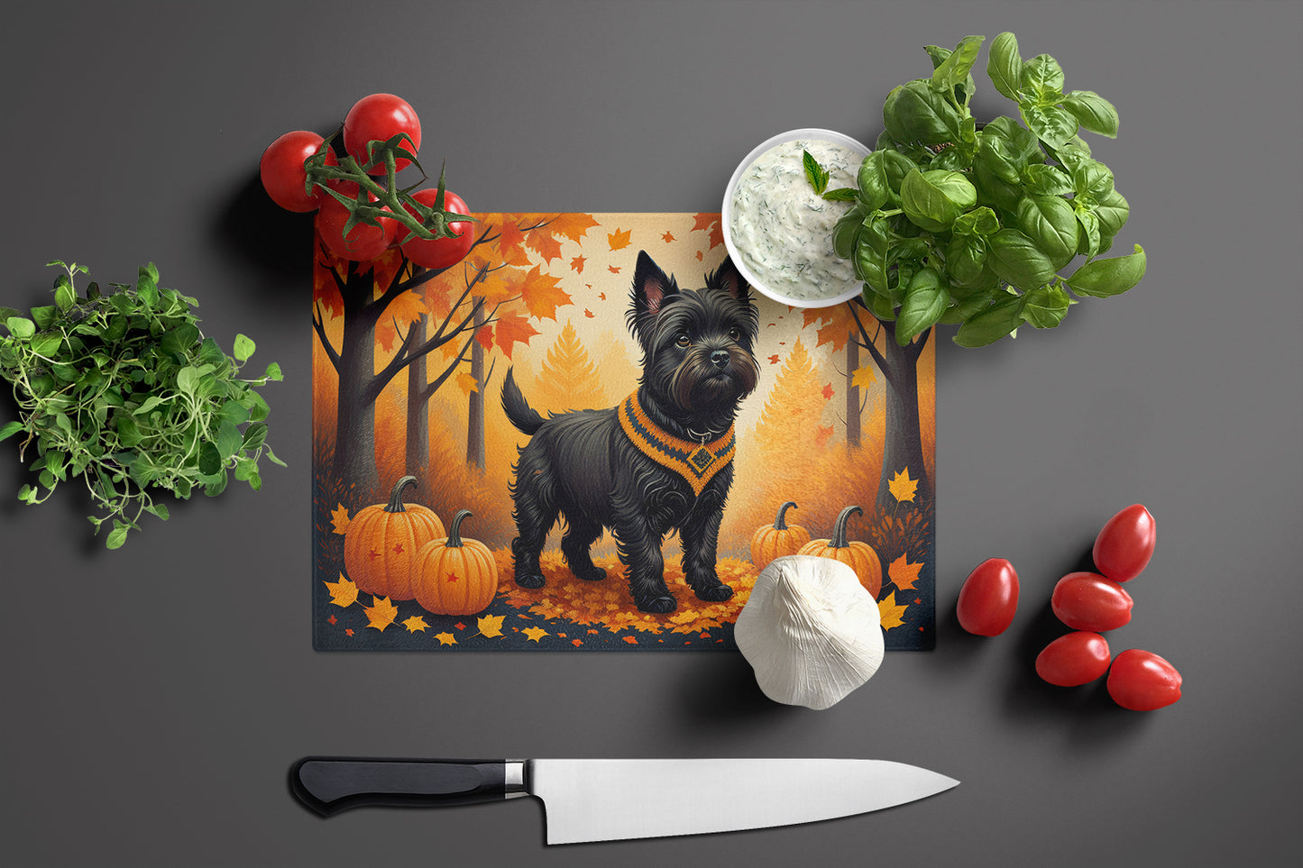 Black Cairn Terrier Fall Glass Cutting Board