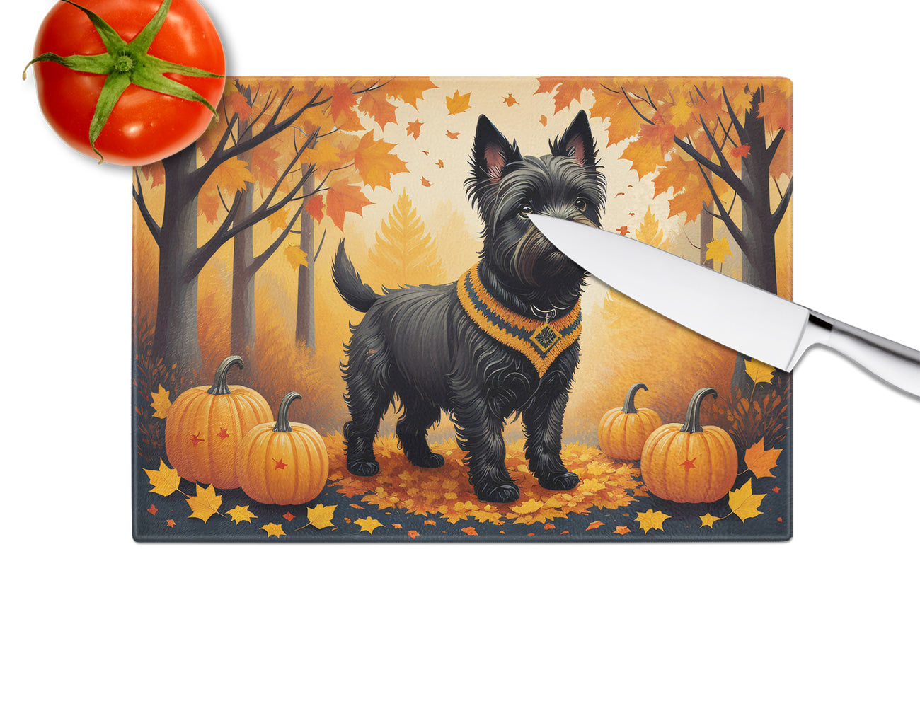 Black Cairn Terrier Fall Glass Cutting Board