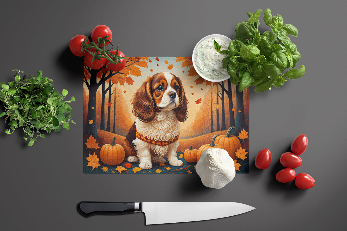 Cavalier Spaniel Fall Glass Cutting Board